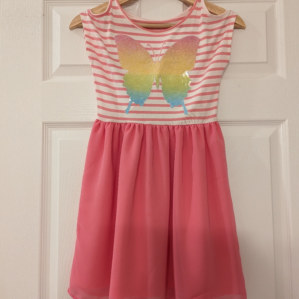 NWOT The Children Place Pink Girls Open Shoulder Dress, Size M (7/8)